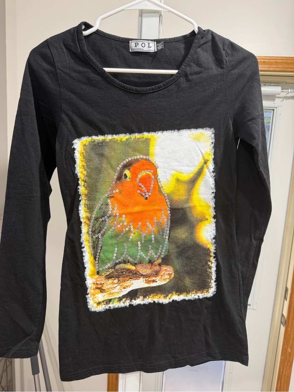 POL black Long-Sleeve Tee with Embellished Parrot Graphic